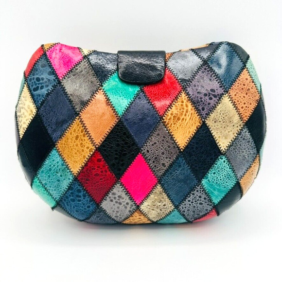 Vintage Harlequin Diamond Exotic Frog Skin Clutch Shoulder Bag 1970's Art Deco - Picture 2 of 10